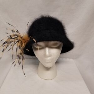 Angora Women's Black Cloche Bucket Winter Hat & Leopard  Feather Plume One Size
